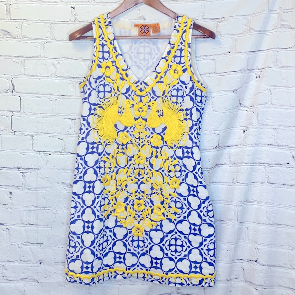 Tory Burch Blue White Yellow Embroidered Dress